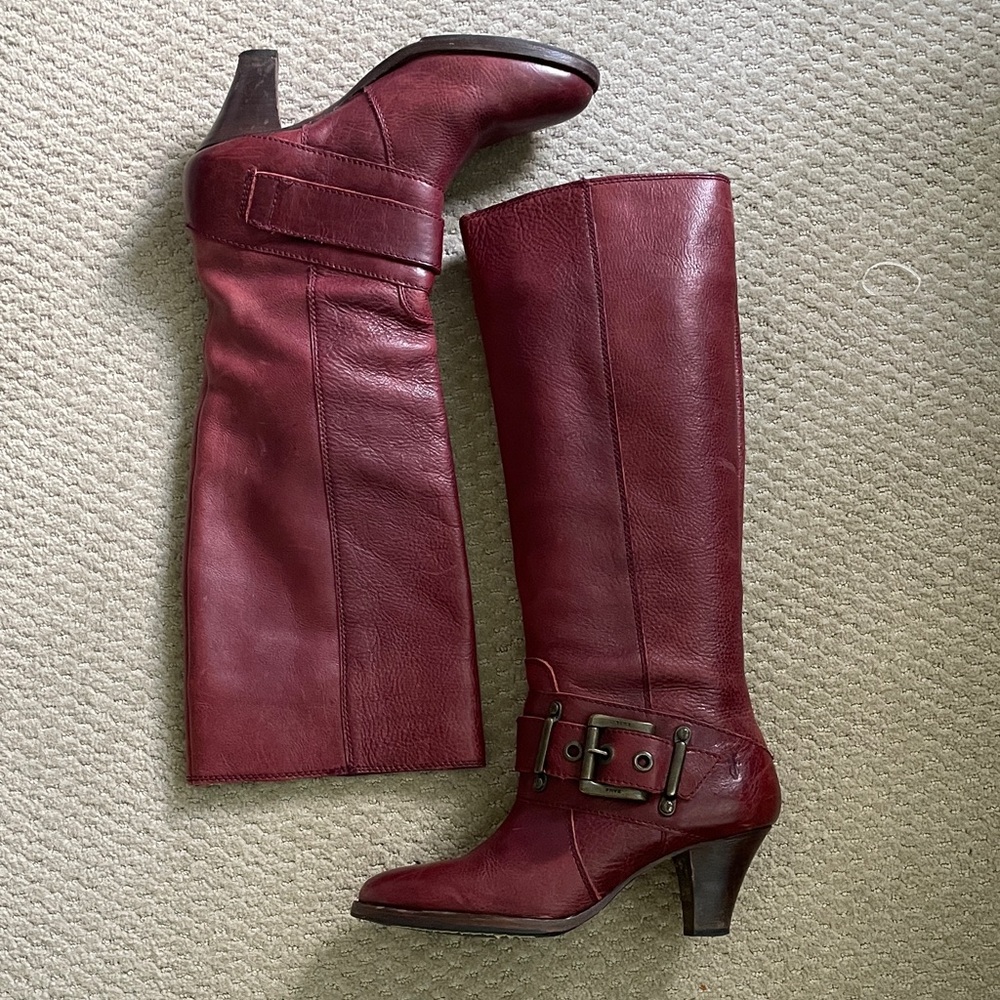 Women's Frye Burgundy Wine Red Leather Knee-High Stacked Heel Boots sz 8